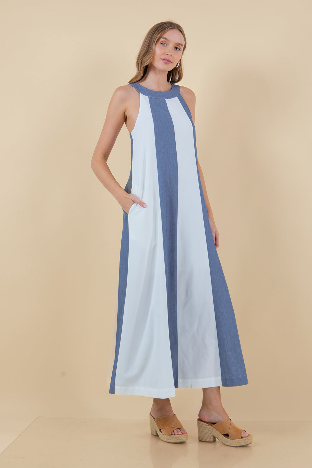Halter Neck Striped Maxi Dress