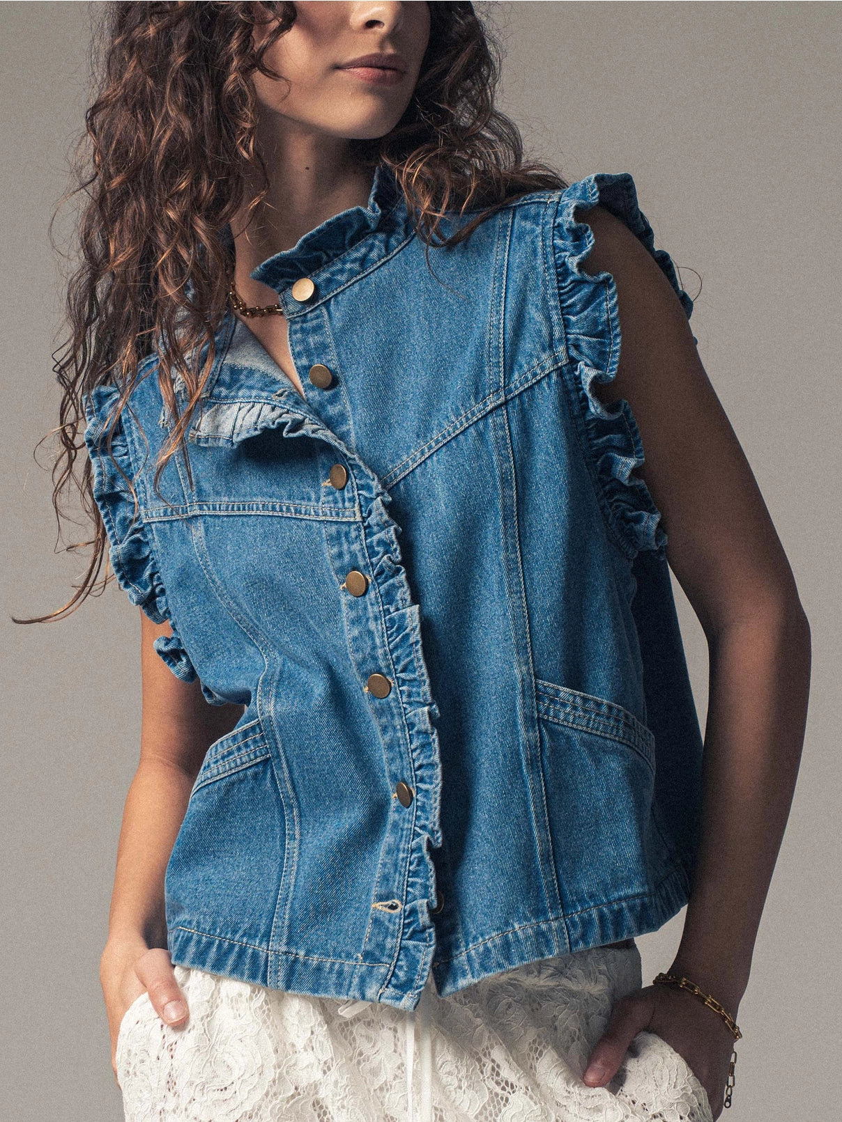 Ruffle Trim Denim Vest