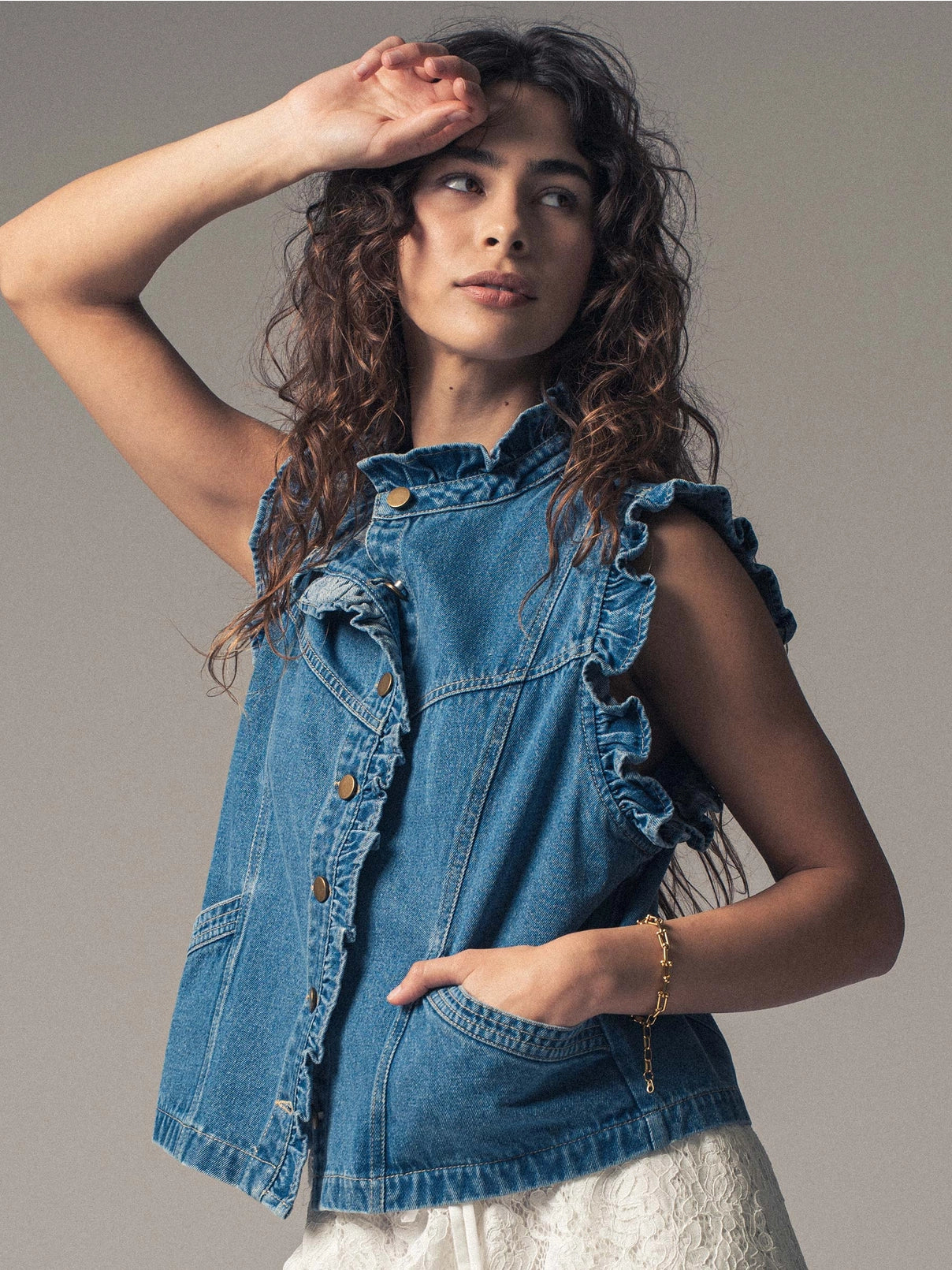 Ruffle Trim Denim Vest