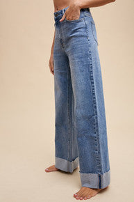90S STRETCH CUFFED HEM HIGH RISE STRAIGHT JEANS