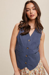 Fitted Linen Vest with Pockets