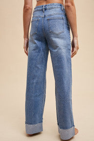 90S STRETCH CUFFED HEM HIGH RISE STRAIGHT JEANS