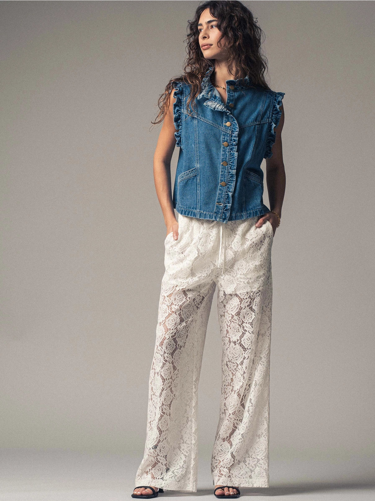 Ruffle Trim Denim Vest