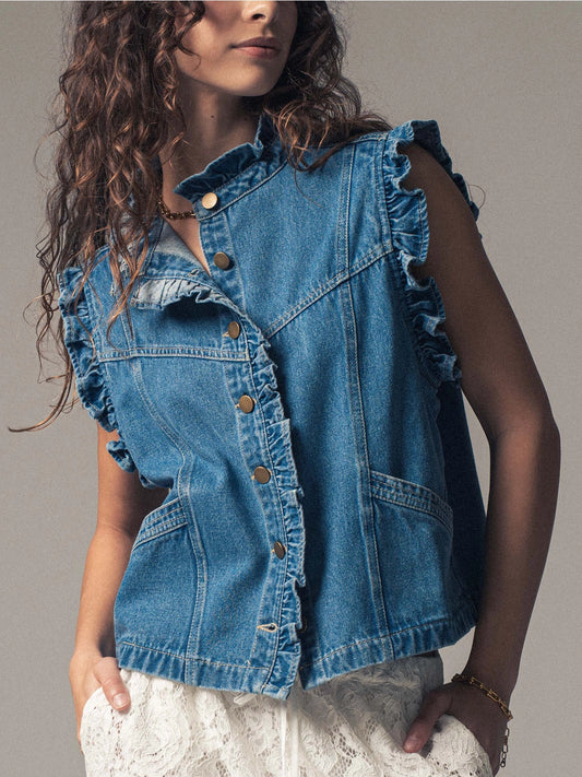 Ruffle Trim Denim Vest