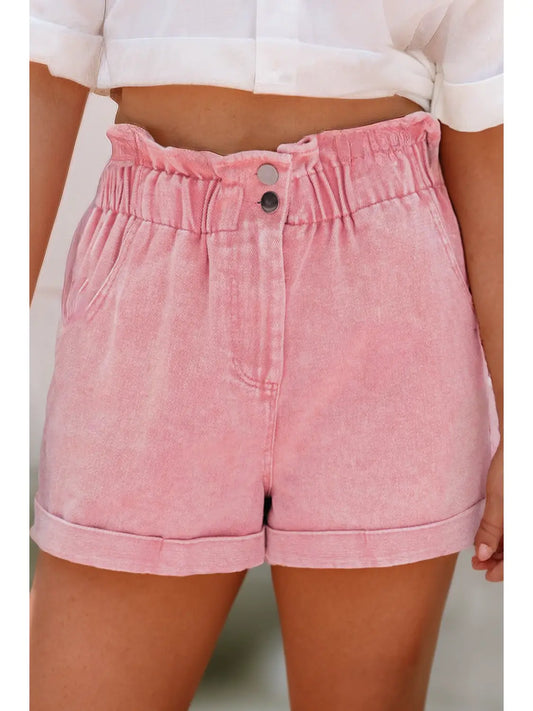 Vintage Washed Frilled High Waist Denim Shorts