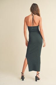 Ruched Detail Halter Neck Knit Long Slit Dress