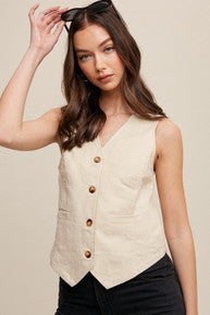 Fitted Linen Vest with Pockets