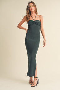 Ruched Detail Halter Neck Knit Long Slit Dress