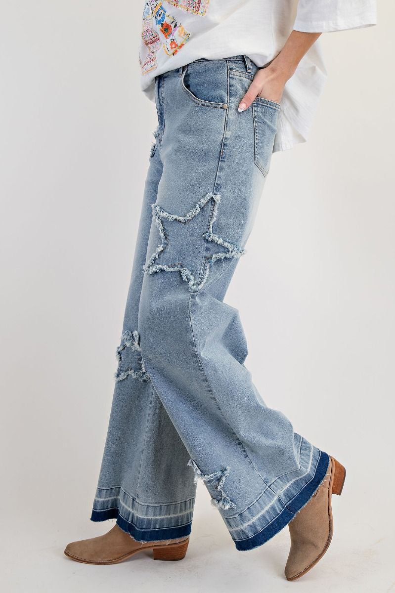 STAR PATCH WASHED DENIM PANTS