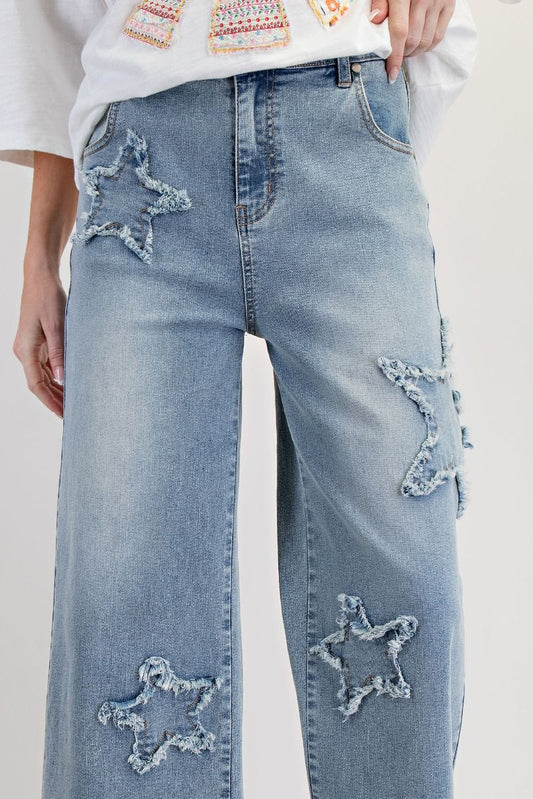 STAR PATCH WASHED DENIM PANTS